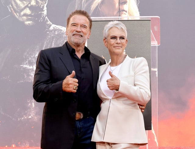 Arnold Schwarzenegger reunited with his True Lies onscreen wife, Jamie Lee Curtis, at her hand and footprint ceremony at TCL Chinese Theatre on Oct. 12, 2022 in Hollywood, California.