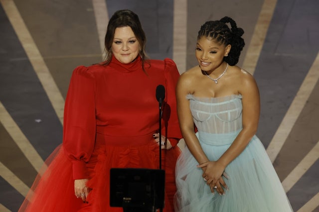 Melissa McCarthy and Halle Bailey on stage at the Oscars