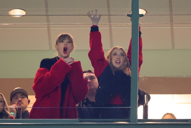 GREEN BAY, WISCONSIN - DECEMBER 03: Taylor Swift and Brittany Mahomes react in a suite during the game between the Kansas City Chiefs and the Green Bay Packers at Lambeau Field on December 03, 2023 in Green Bay, Wisconsin.
