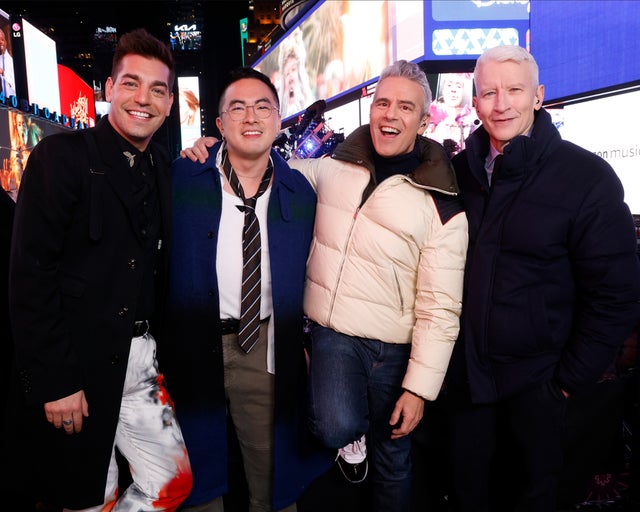 Matt Rogers, Bowen Yang, Andy Cohen, and Anderson Cooper 