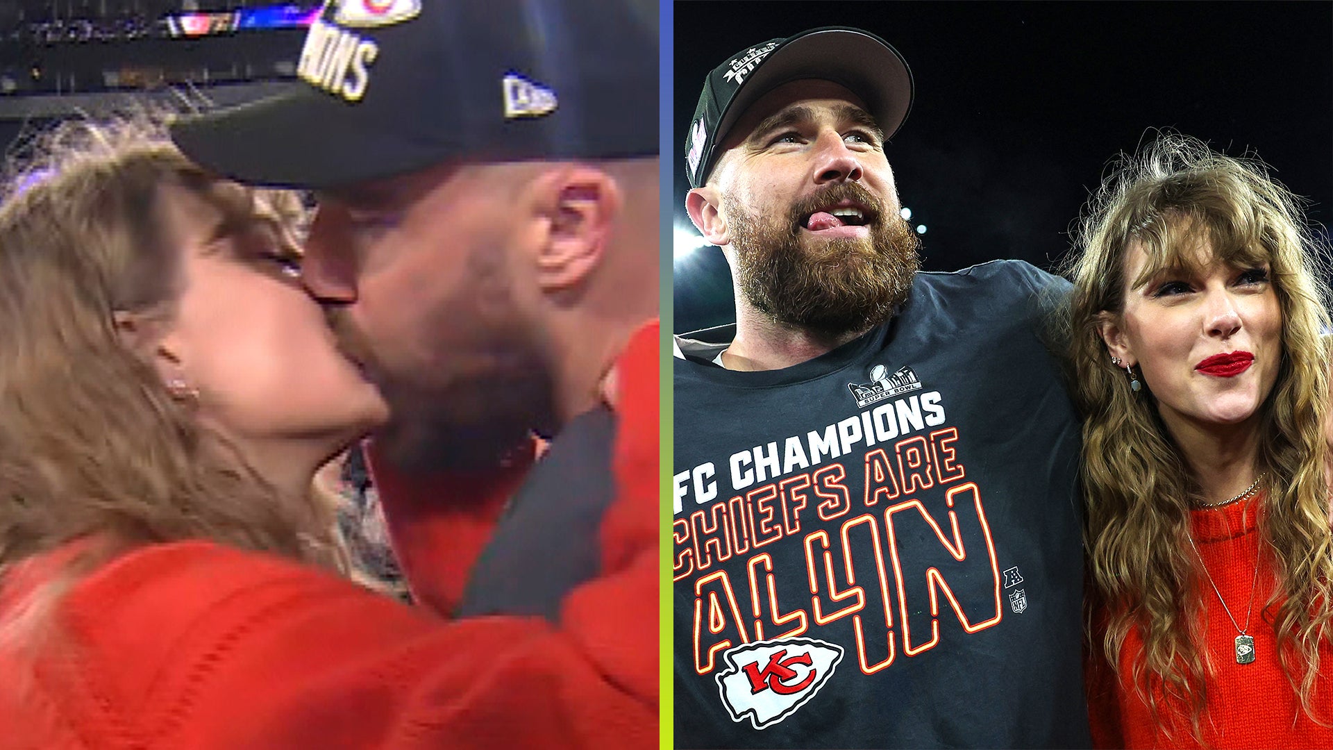 Taylor Swift and Travis Kelce Kiss After Kansas City Chiefs Win AFC Championship Game