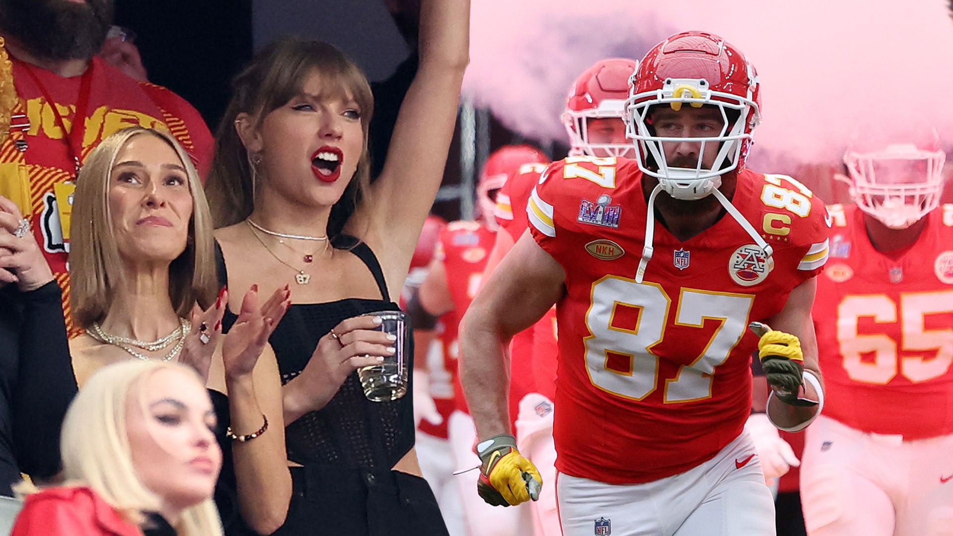 Super Bowl LVIII: Taylor Swift Cheers on Travis Kelce With Ice Spice and Blake Lively