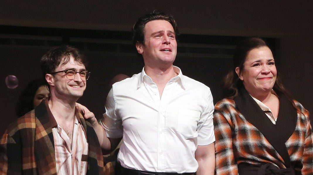Daniel Radcliffe, Jonathan Groff and Lindsay Mendez during the opening night curtain call for Stephen Sondheim's 'Merrily We Roll Along' on Broadway at The Hudson Theater on October 8, 2023 