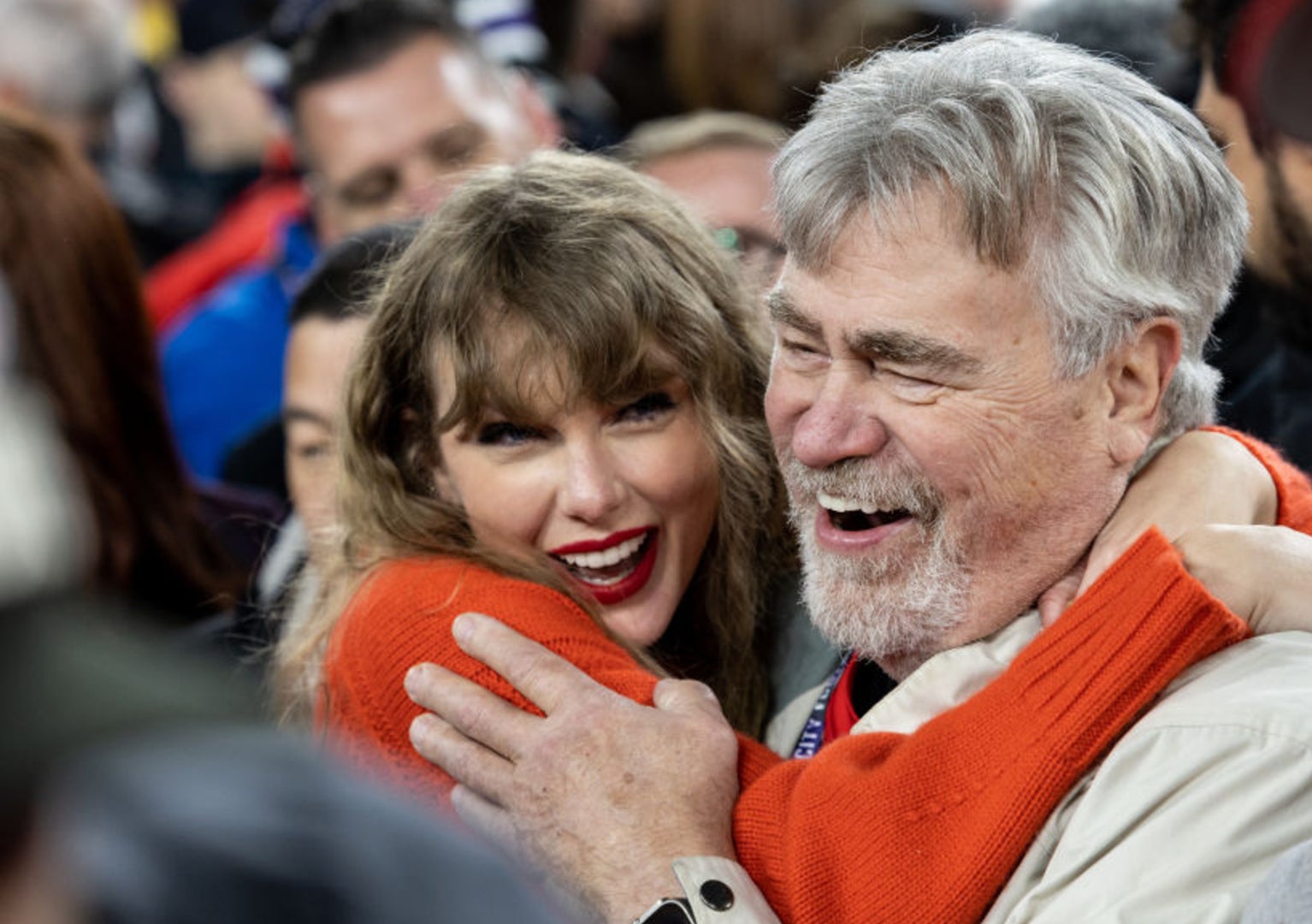  Taylor Swift hugs Ed Kelce after the AFC Championship NFL football game between the Kansas City Chiefs and Baltimore Ravens at M&T Bank Stadium on January 28, 2024 in Baltimore, Maryland.