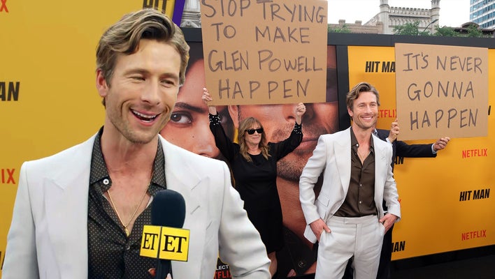 Glen Powell Reacts to His Parents Trolling Him on 'Hit Man' Red Carpet (Exclusive)