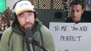 Watch Travis Kelce Review ‘Love Actually,' Joke About 'Iconic' Cue Card Scene