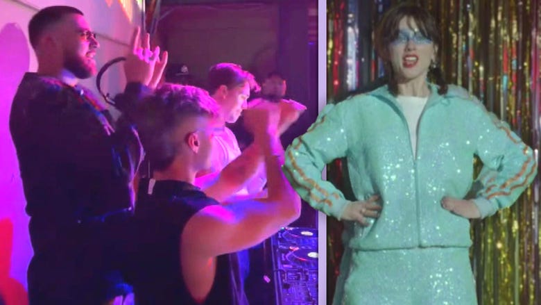 Travis Kelce Takes Over DJ Booth and Turns Super Bowl Bash Into Taylor Swift Dance Party